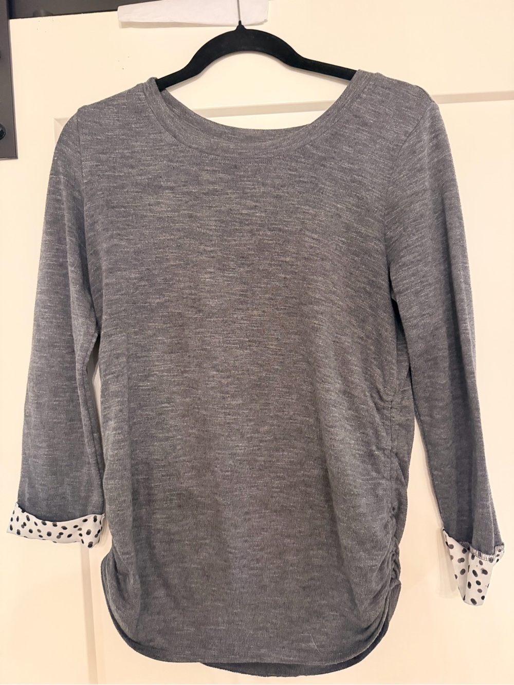 Elle Gray Long Sleeve Scoop Neck Top with Polka Dot Cuffs